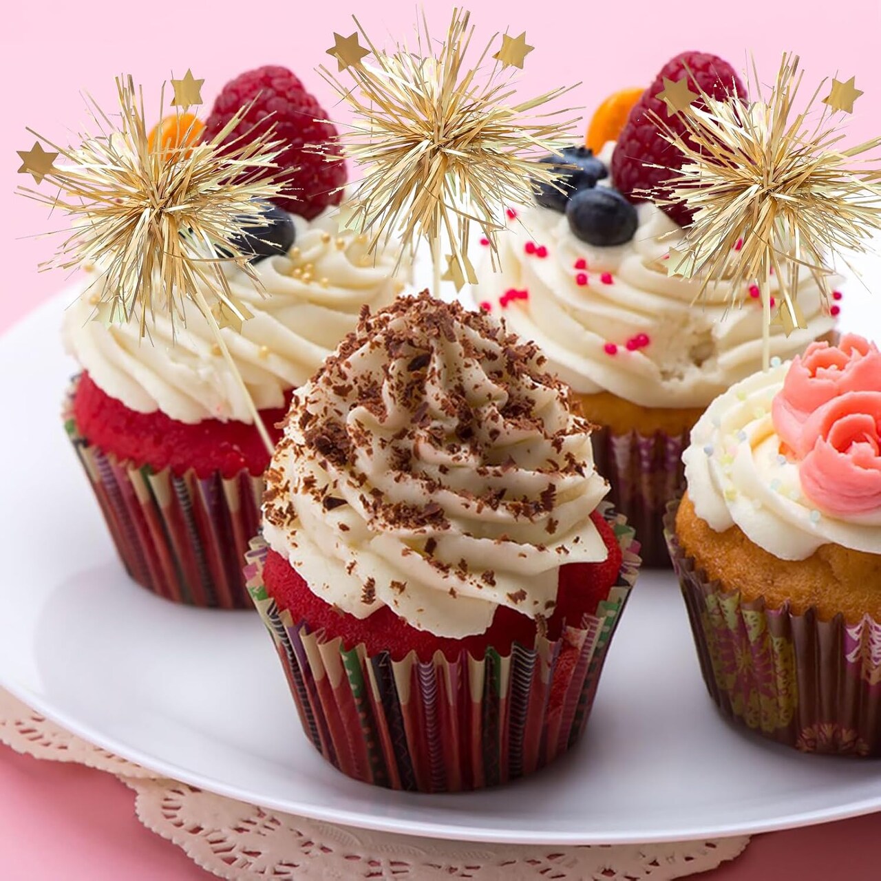 30 PCS Foil Fireworks Cupcake toppers, Happy Birthday Cake covers Parkling Tinsel Flowers Fruit Toothpicks, Birthday Party and Valentine's Day Party Supplies Gold